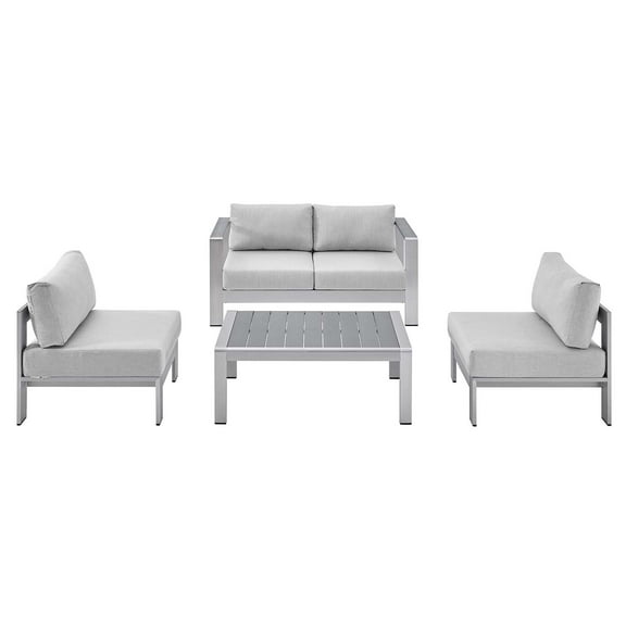 Lounge Sectional Sofa Chair Table Set, Sunbrella, Fabric, Aluminum, Metal, Silver Grey Gray, Modern Contemporary Urban Design, Outdoor Patio Balcony Cafe Bistro Garden Furniture Hotel Hospitality
