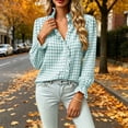 thumbnail image 2 of Feancey Womens Ruffle Button Down Shirts Plaid Casual Long Sleeve Stand Collar Blouse Dressy Trendy Gingham Work Shirt Birthday Gift Light Blue L, 2 of 10