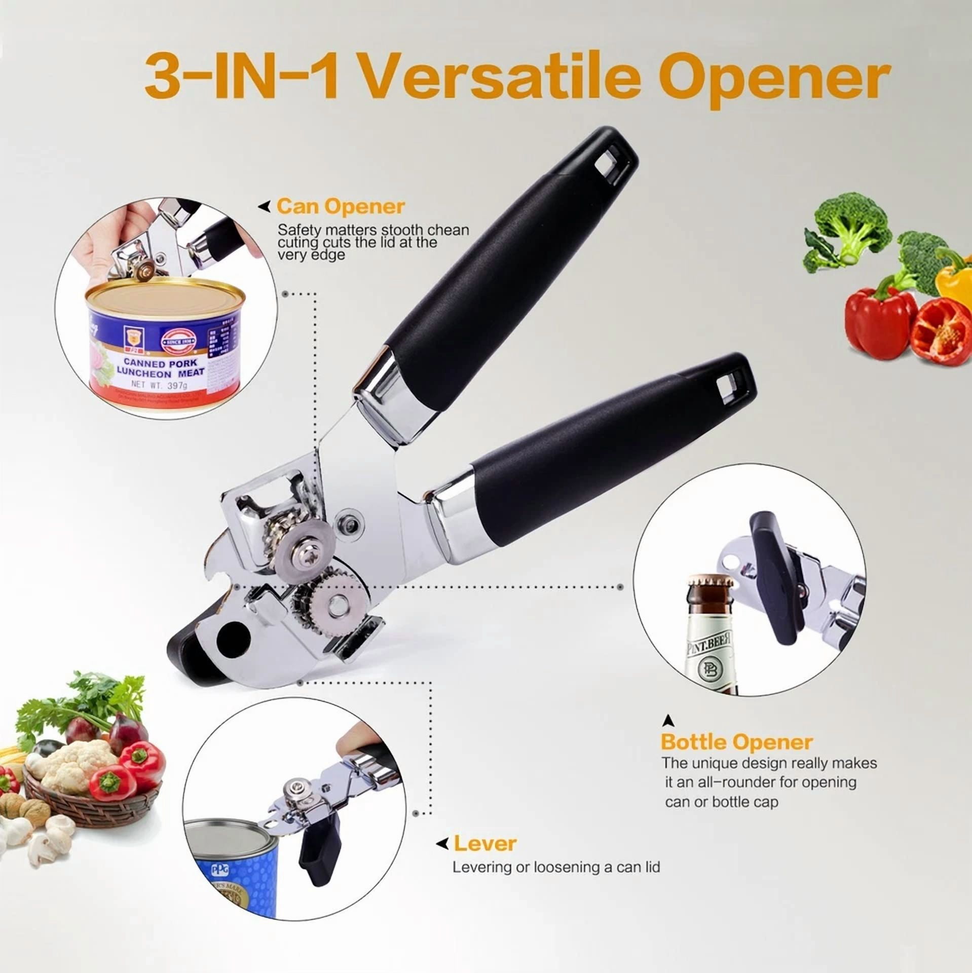 KLYNE - Can Opener, 3-In-1 Manual Can Openers Cordless Tin Opener W/Lids Off Jar Opener