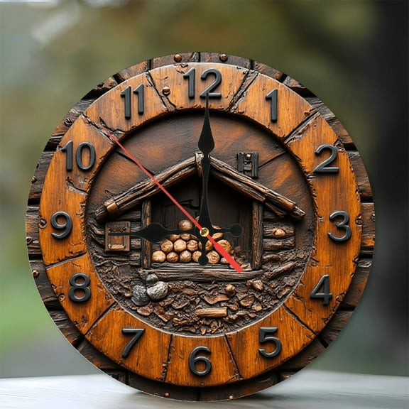 Rustic Wooden Cabin Wall Clock Home Decor 10-Inch Silent Wooden Wall Clock, Battery Operated (AA Batteries Not Included), Artistic Home Decor