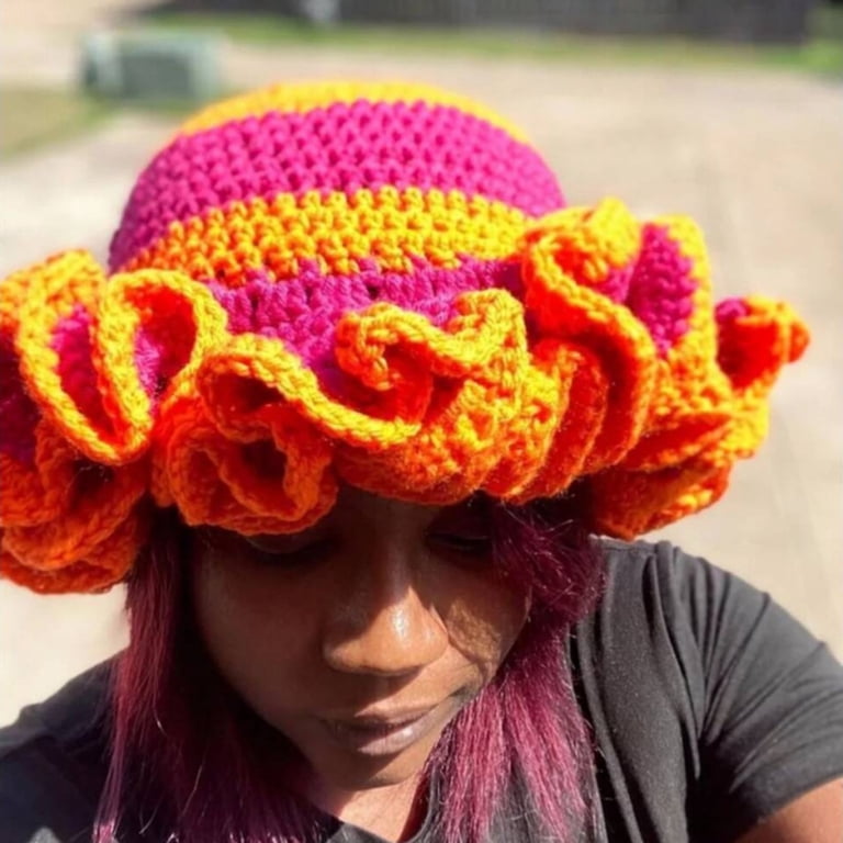 Handmade Crochet Bucket Hat with Ruffled Brim, Windproof Winter Hat QERPON Handmade Crochet Bucket Hat for Woman Teen Outdoor  main image 3
