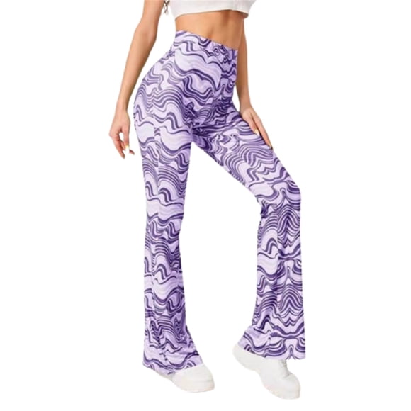 Penkiiy Yoga Pants Women's Summer Casual Running Athletic High Waist Water Ripples Printed Yoga Pants Boot Cut Long Pants Purple Yoga Leggings for Women