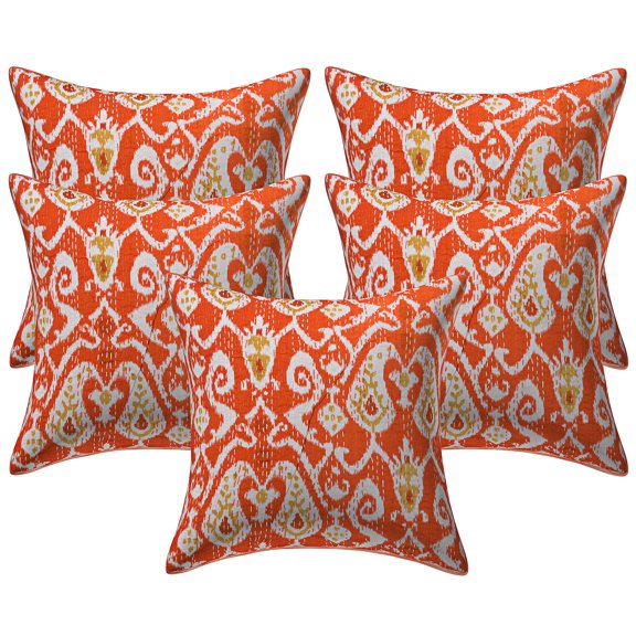Stylo Culture Indian Settee Sofa Throw Pillow Covers 16 x 16 Kantha Orange Printed 40cm x 40cm Living Room Toss Pillow Case Cotton Ikat Square Cushion Covers | Set Of 5