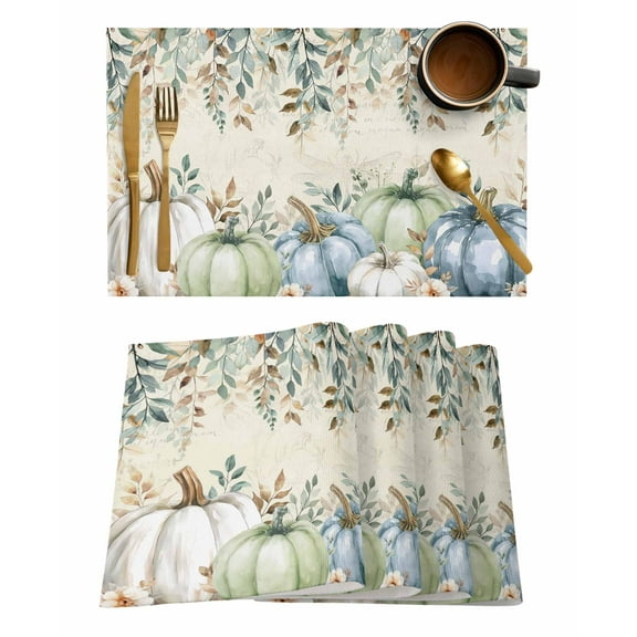 Fall Blue Pumpkin Placemats Set of 12 Green Eucalyptus Leaves Flower Harvest Heat Insulation Washable Place Mats, Rustic Non-Slip Table Mats for Dining Table Party Kitchen Decor,13x19 Inch