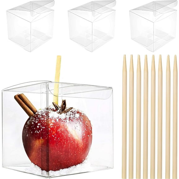 20 Pack Candy Apple Boxes with Sticks Set Plastic Clear Caramel Apple Containers Chocolate Covered Apples Packaging Party Favor Gift Goxes, 4 x 4 x 4 Inch