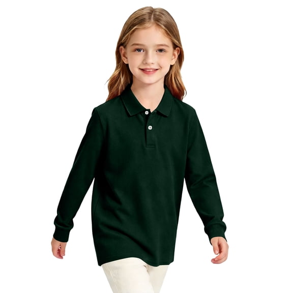 Unisex Kids Long Sleeve Mesh Polo Shirts Quick Dry Moisture Wicking Breathable Lightweight School Uniform Sports Wear Tops Dark Green 100