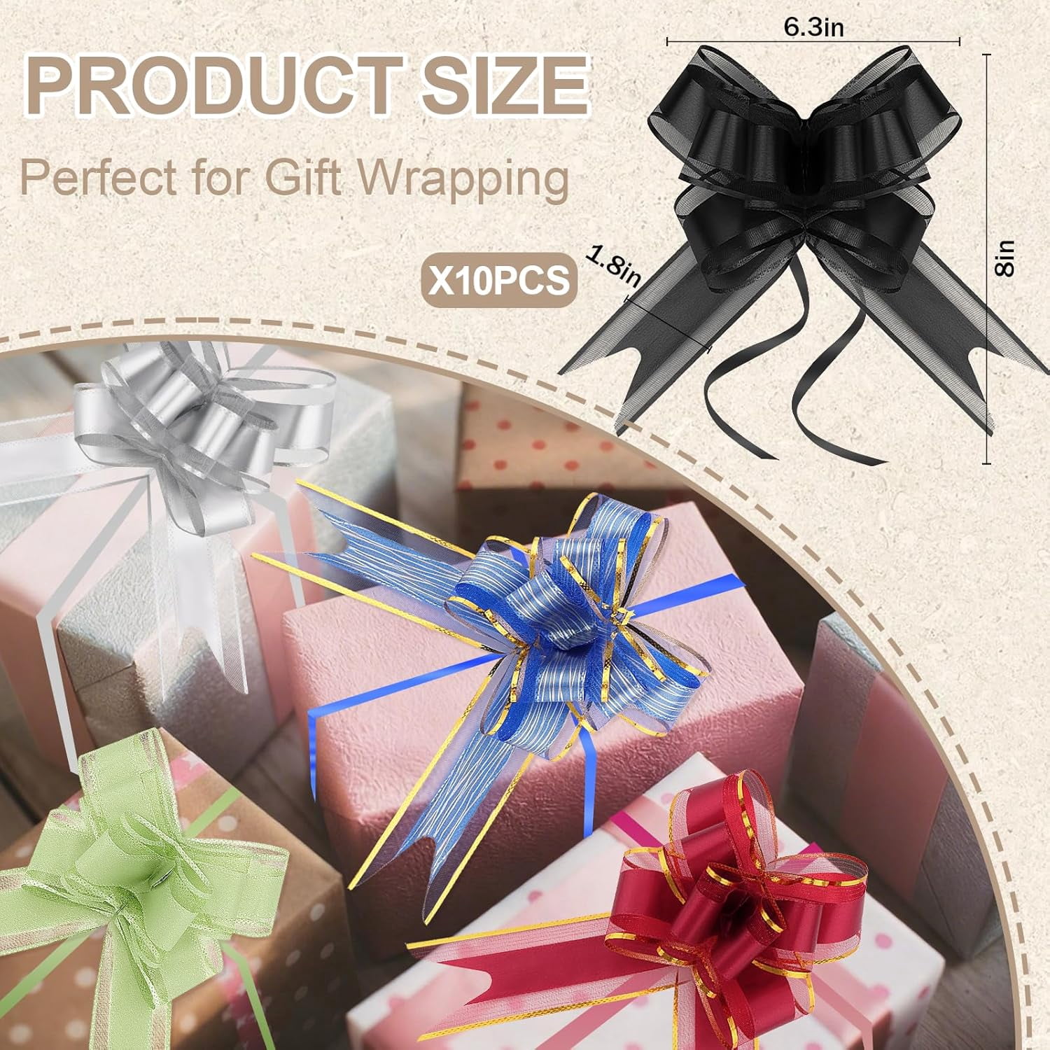 Pull Bows for Gift Wrapping, 10Pcs Bow Ribbon Wrapping 6 Inches Large Christmas Presents Package, Baskets, Wedding Box and Party Birthdays Holidays Decoration