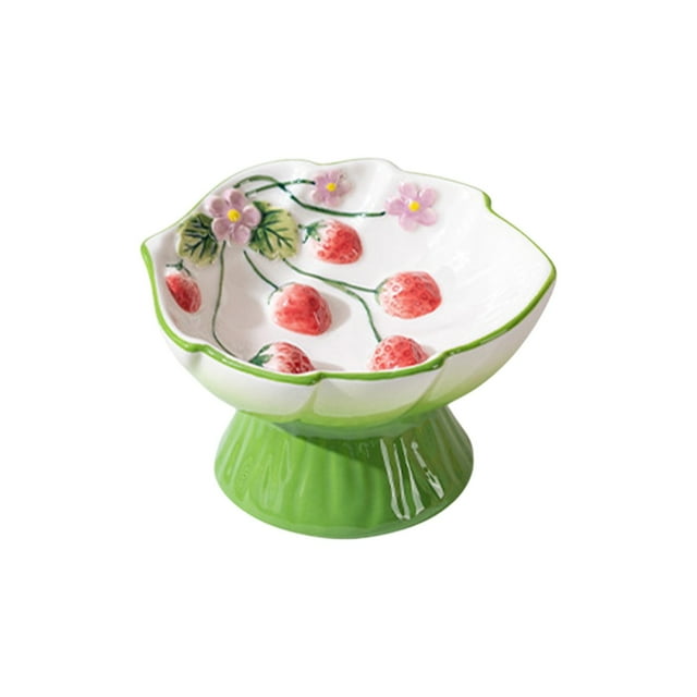 Green Ceramic Strawberry Slow Food Bowl Green Tall Design Anti Choking Pet Dish For Cats Dogs