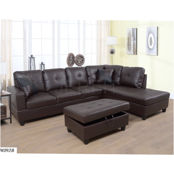 JERFIT Modern Faux Leather 3-Piece Sectional Sofa Set with Left Chaise and Storage Ottoman, Brown