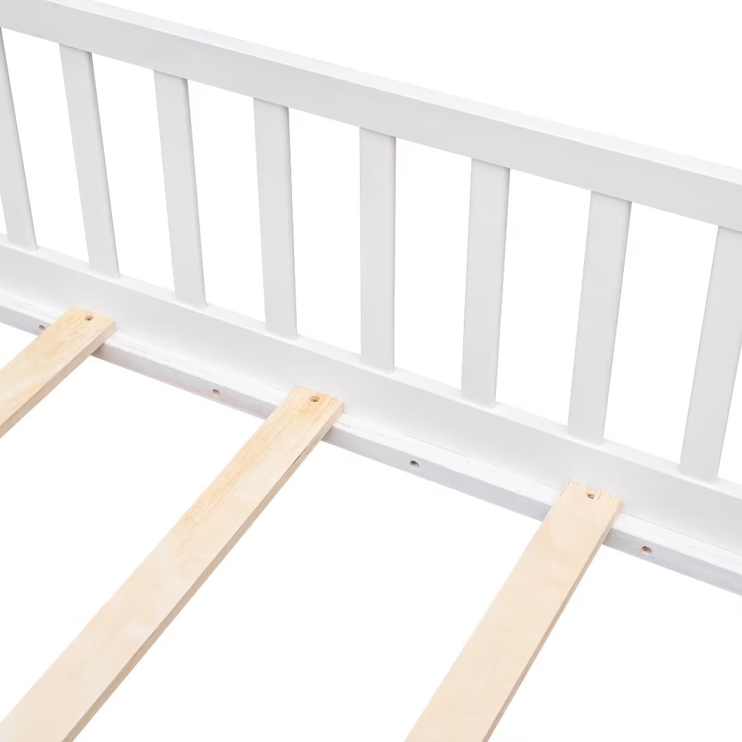 Full Size Floor Platform Bed with Fence and Small Door, Wooden Bed Frame with Wood Slat Support, Mattress Base, Safety Bed Frame for Boys Girls Bedroom, No Box Spring Needed, Easy Assembly, White