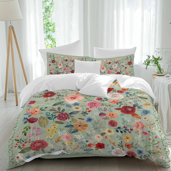 Queen 4 Piece Bedding Set Pastoral Watercolor Flowers on Green Soft Breathable Duvet Cover and Pillowcase,Flowers Leaves Duvet Cover Set Washable Bed Sheets for Bedroom Dormitory Guest Room