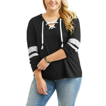 Junior's Plus Lace Up Hooded Sweatshirt