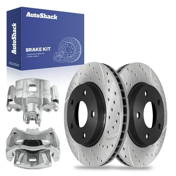 AutoShack 10.87" (276 mm) Front Vented Drilled & Slotted Brake Rotors E-Coated   Calipers | Replacement for 2008-2017 Mitsubishi Lancer | 4-PC Brake Kit | ShadowGuard