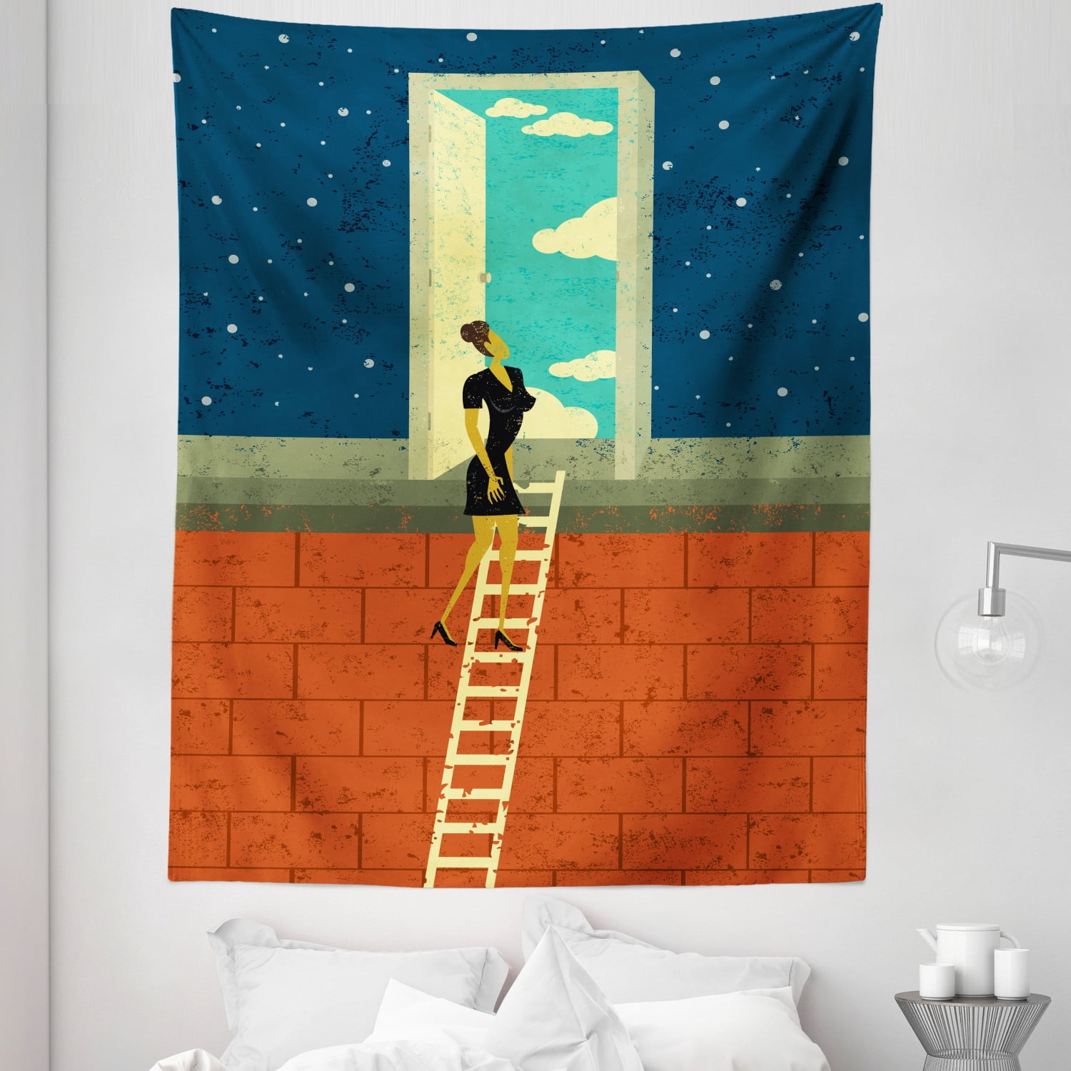 Retro Tapestry, Young Woman Climbing the Ladder Day in the Night