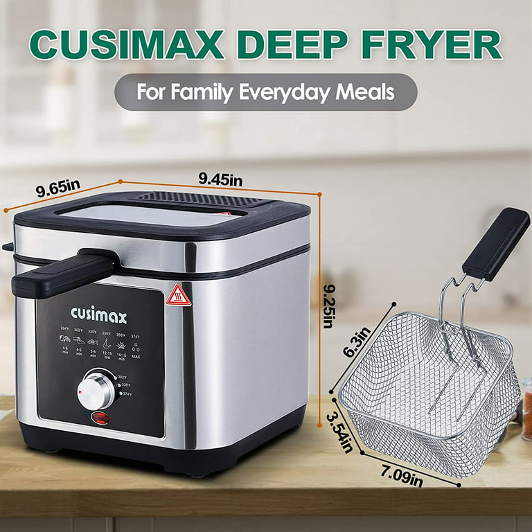 Deep Fryer CUSIMAX Electric Deep Fryer with Basket and Drip Hook, 2.6Qt Oil  Capacity Fish Fryer with Temperature Control, Removable Lid with View