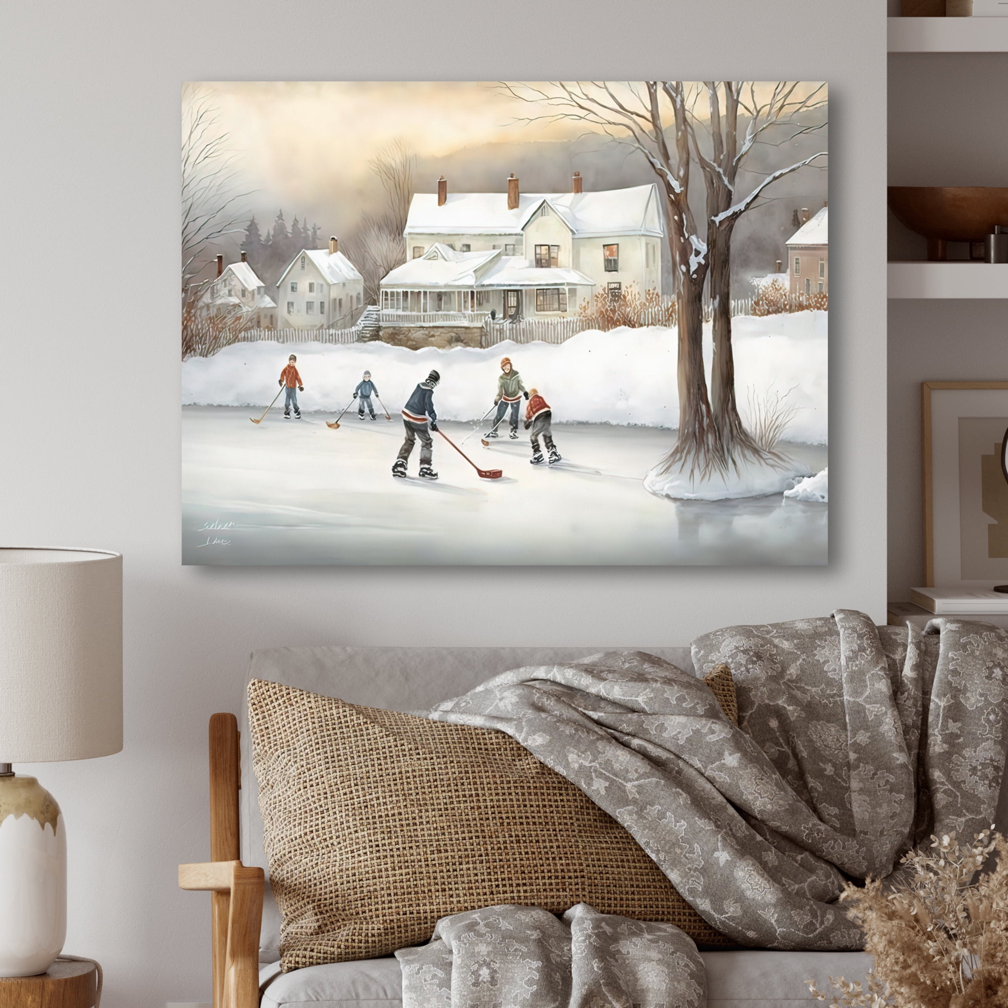 Designart Kids Playing Hockey In Winter III Canvas Wall Art