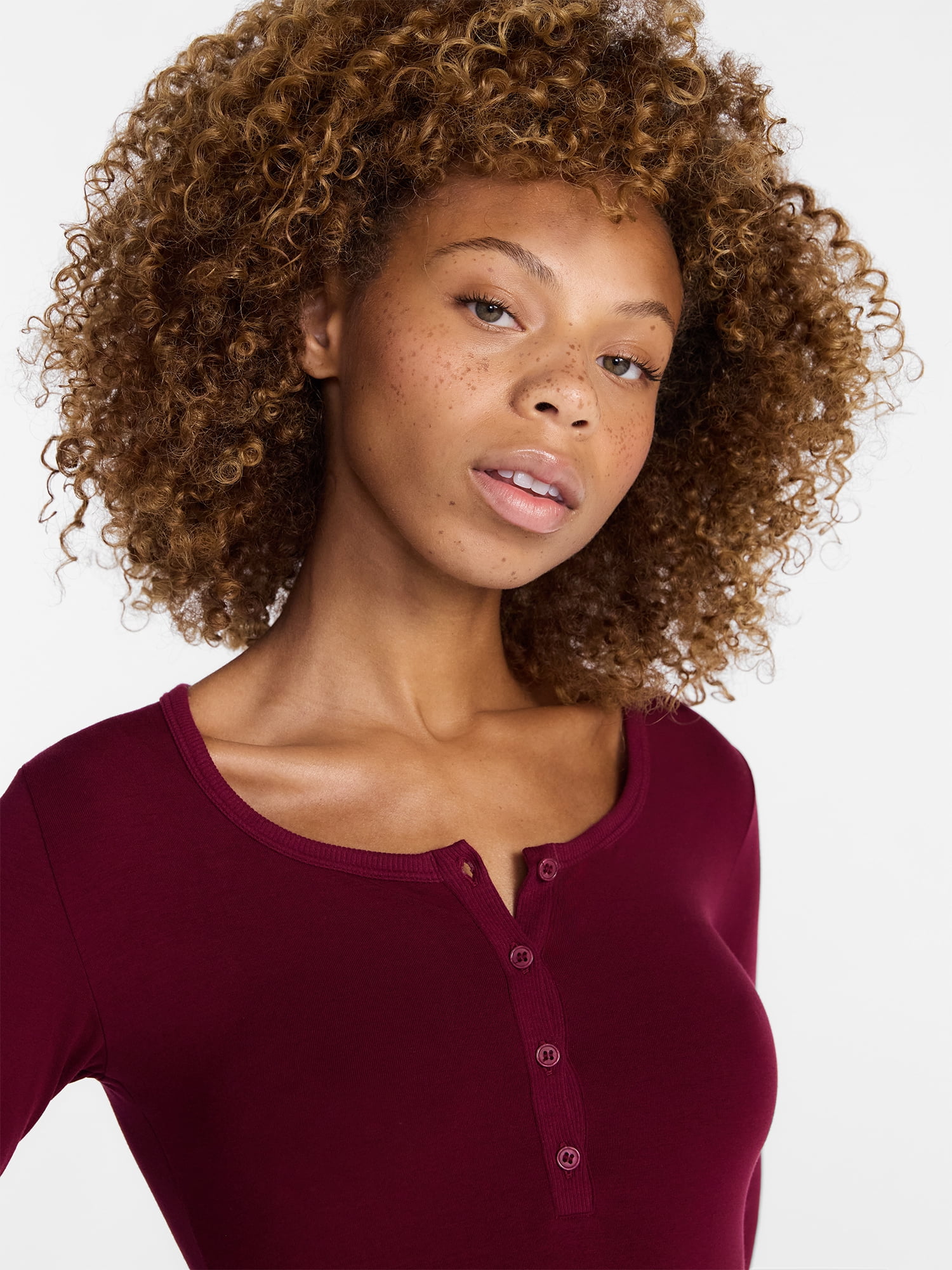 No Boundaries Cotton Stretch Jersey Henley Bodysuit with Long Sleeves, Women's XS-XXXL