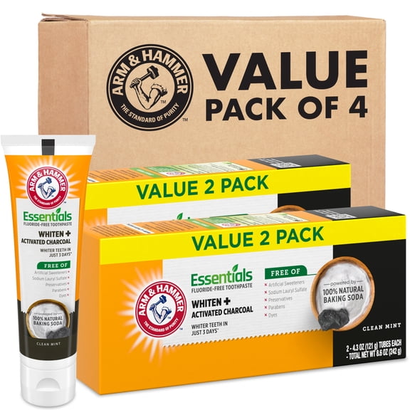 ARM & HAMMER Essentials Fluoride-Free Toothpaste Whiten + Activated Charcoal-4 Pack of 4.3oz Tubes, Clean Mint- 100% Natural Baking Soda