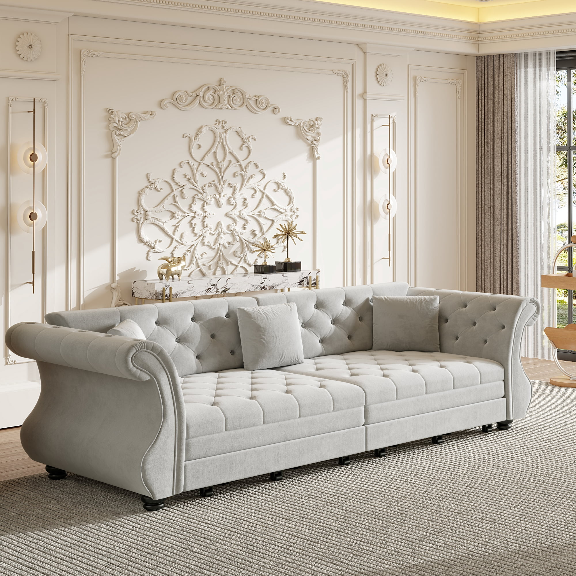 Chesterfield Pull Out Convertible Sofa Bed, Classic Flower Tufted Velvet Loveseat Sleeper Couch With Roll Arms and Pillows, for Living Room Apartment Office