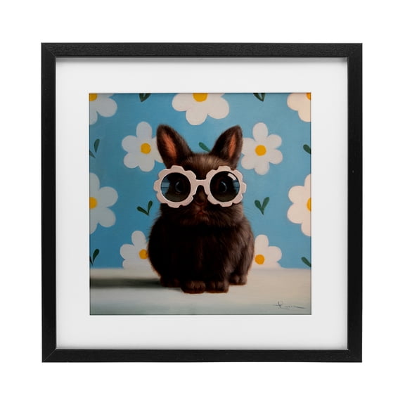 Flower Child Bunny Black Framed Print Under Glass, design by Lucia Heffernan