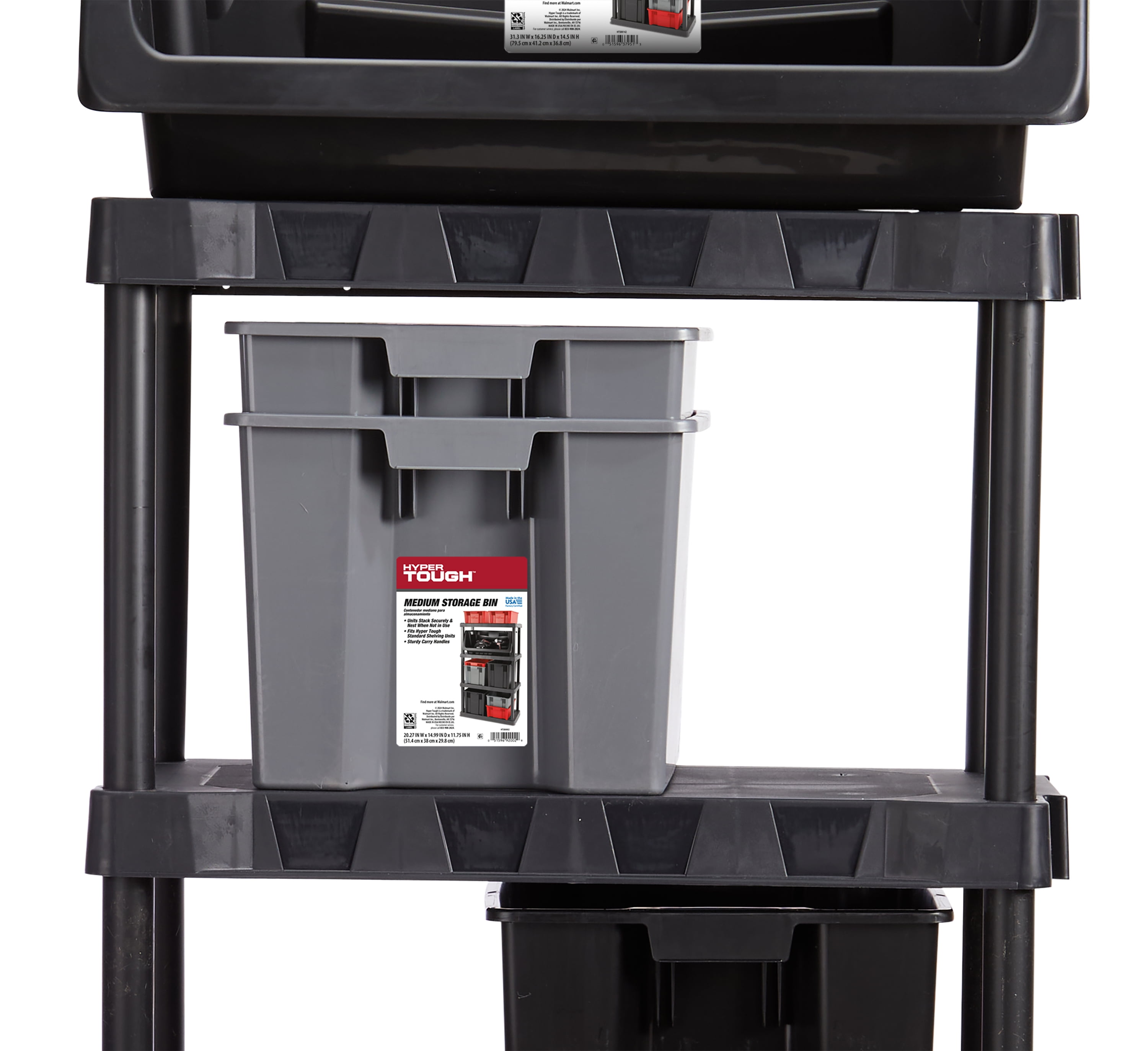 Hyper Tough Garage Plastic Stacking Open Storage Bin, Medium, Gray, No Lid