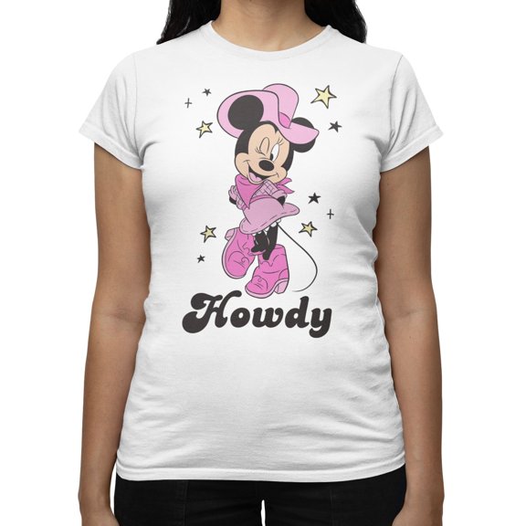 Disney Minnie Mouse Women's Howdy Cowgirl Wink T-Shirt (Bright White, S-XXL)