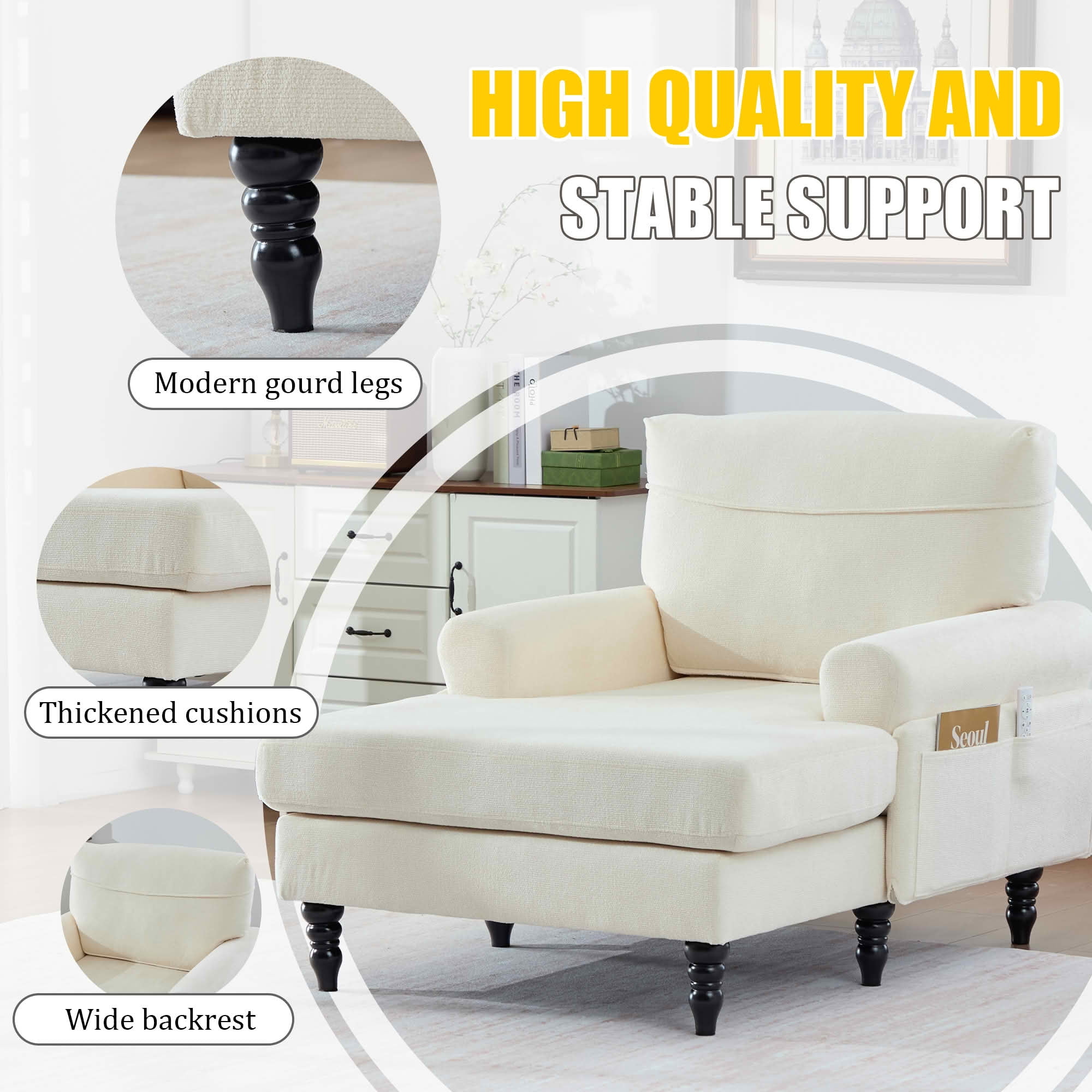 MAYEERTY Modern Minimalist Chenille Chaise Lounge with Armrests & Side Storage Pockets, Wide Seat Single Recliner Sofa with Solid Wood Legs for Living Room Bedroom Office