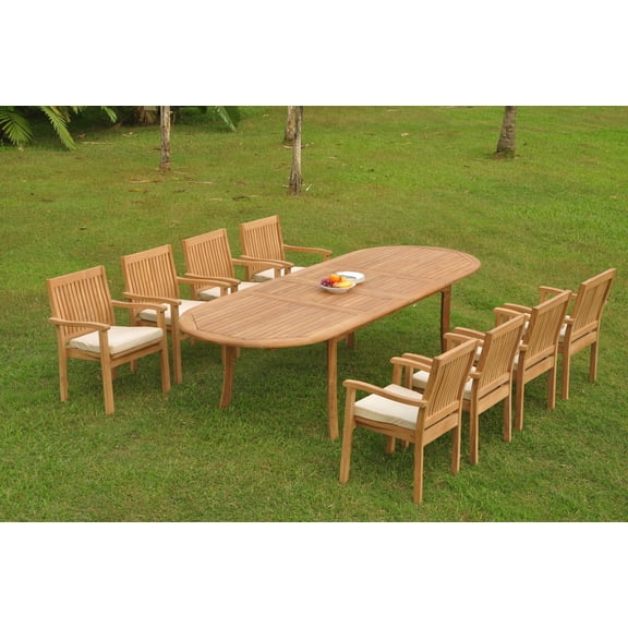Grade-A Teak Dining Set: 8 Seater 9 Pc: 118" Double Extension Oval Table And 8 Leveb Stacking Arm Chairs Outdoor Patio WholesaleTeak #WMDSWVm