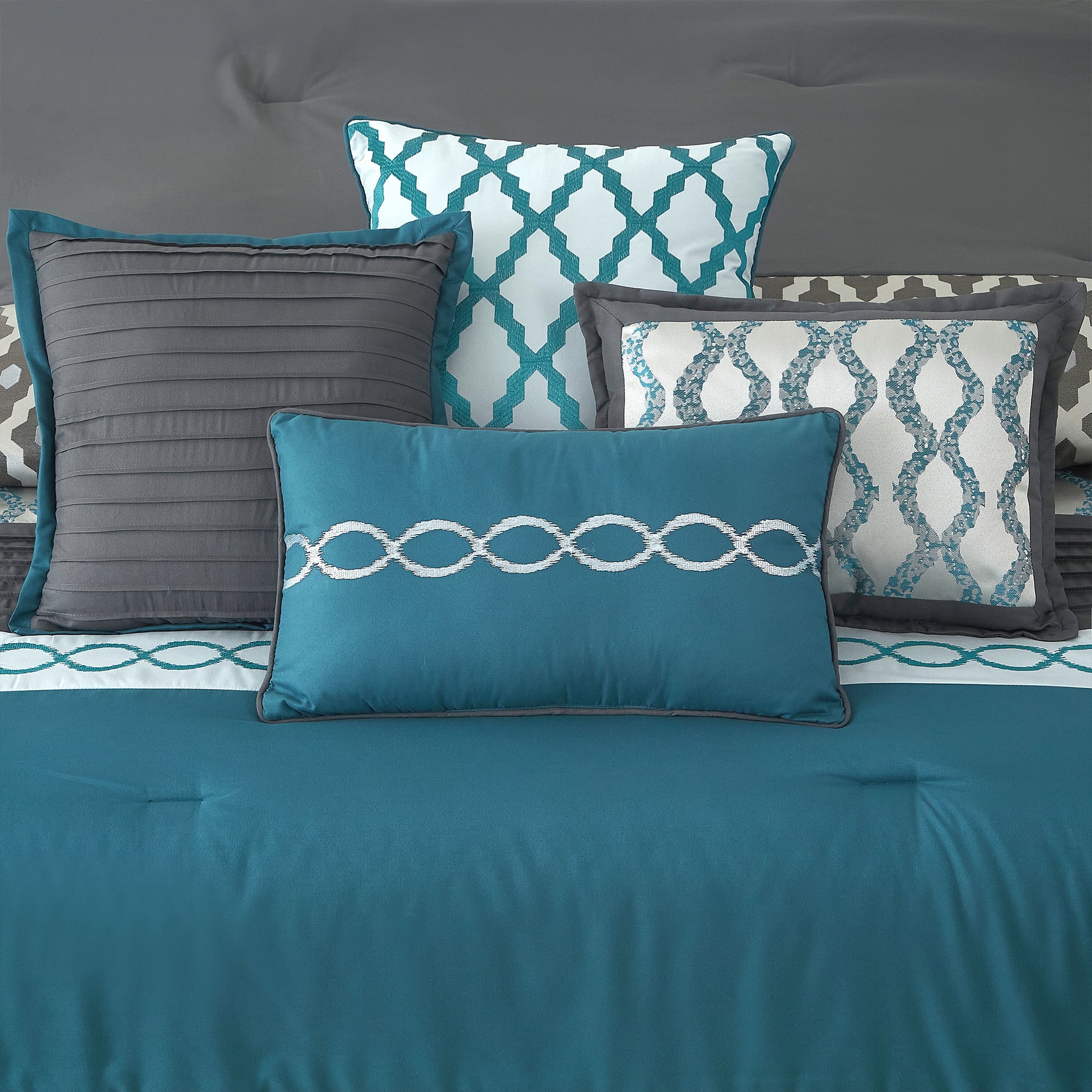 Lanco Geometirc California King Blue Comforter Set, 10 Piece, Jacquard Bedding Comforters & Sets, Bedskirt, Pillows, Euro Shams & Curtains Ultra-Soft