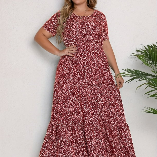 Vestido Casual De Talla Grande, Vestido Largo Con Cuello Redondo Y Manga Corta Con Estampado De Ditsy Para Mujer