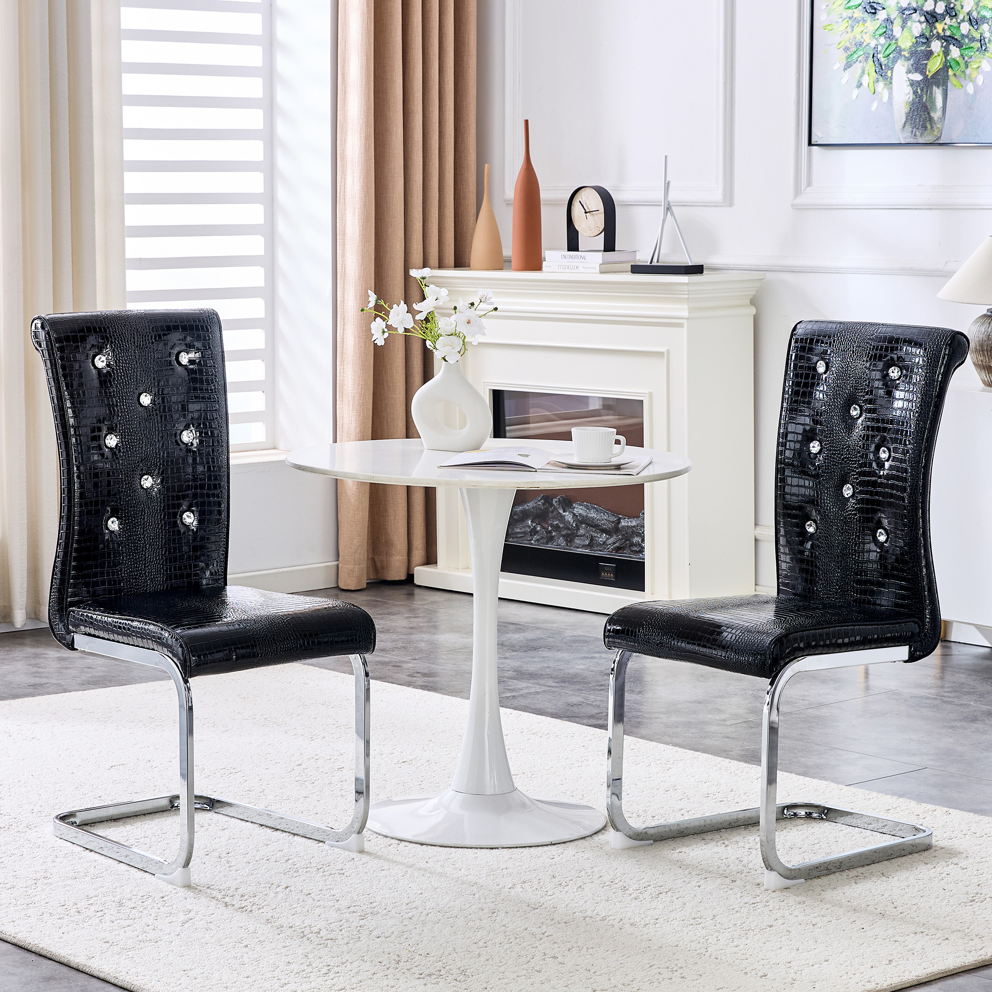 Alvantor Dining Chairs Set of 2, Retro Leather Chairs with Crystal Buckle , Upholstered Accent Chairs for Dining Room & Kitchen Black