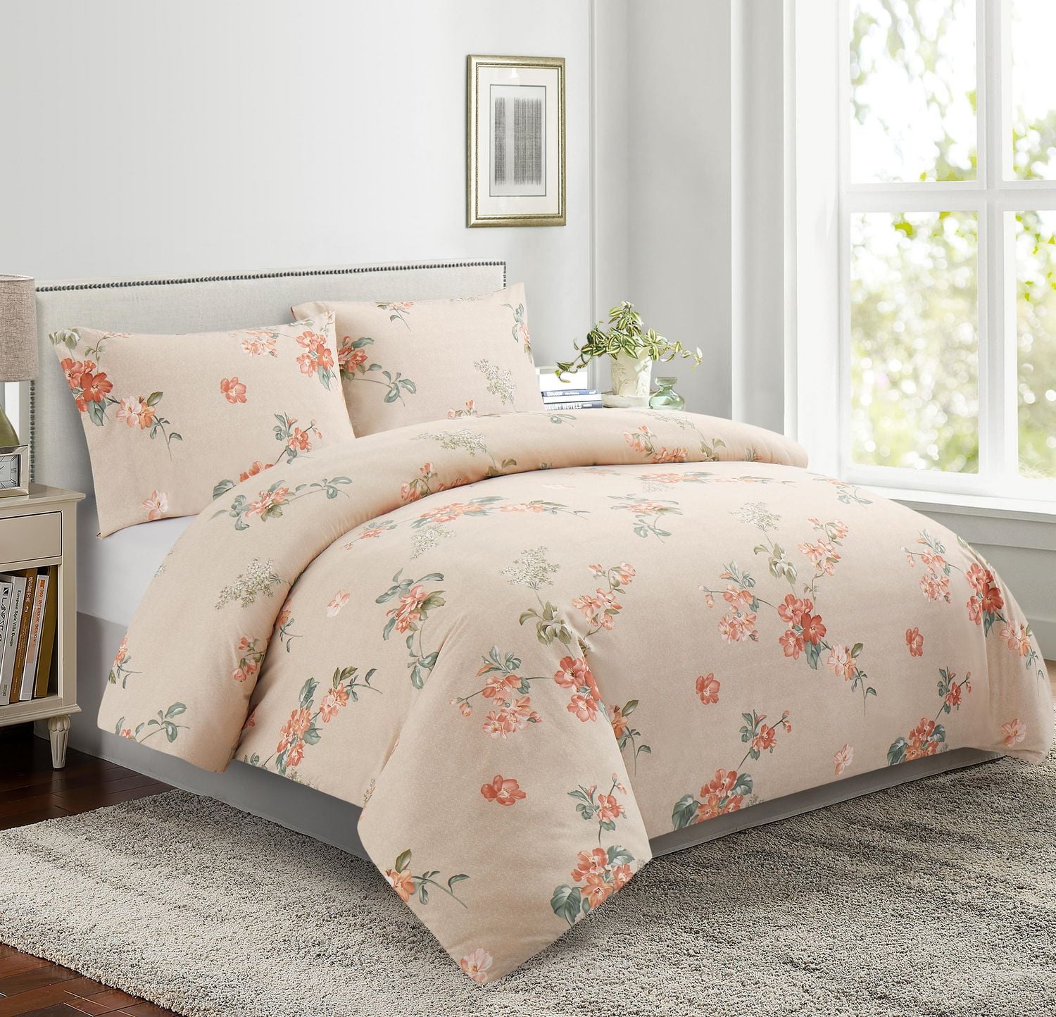 Marina Decoration Ultra Soft Silky Rich Printed Rayon from Bamboo All Season Duvet Cover Fitted Sheet Ensemble Bedding Set with Zipper and Corner Tie, Peach Floral Taupe Pattern