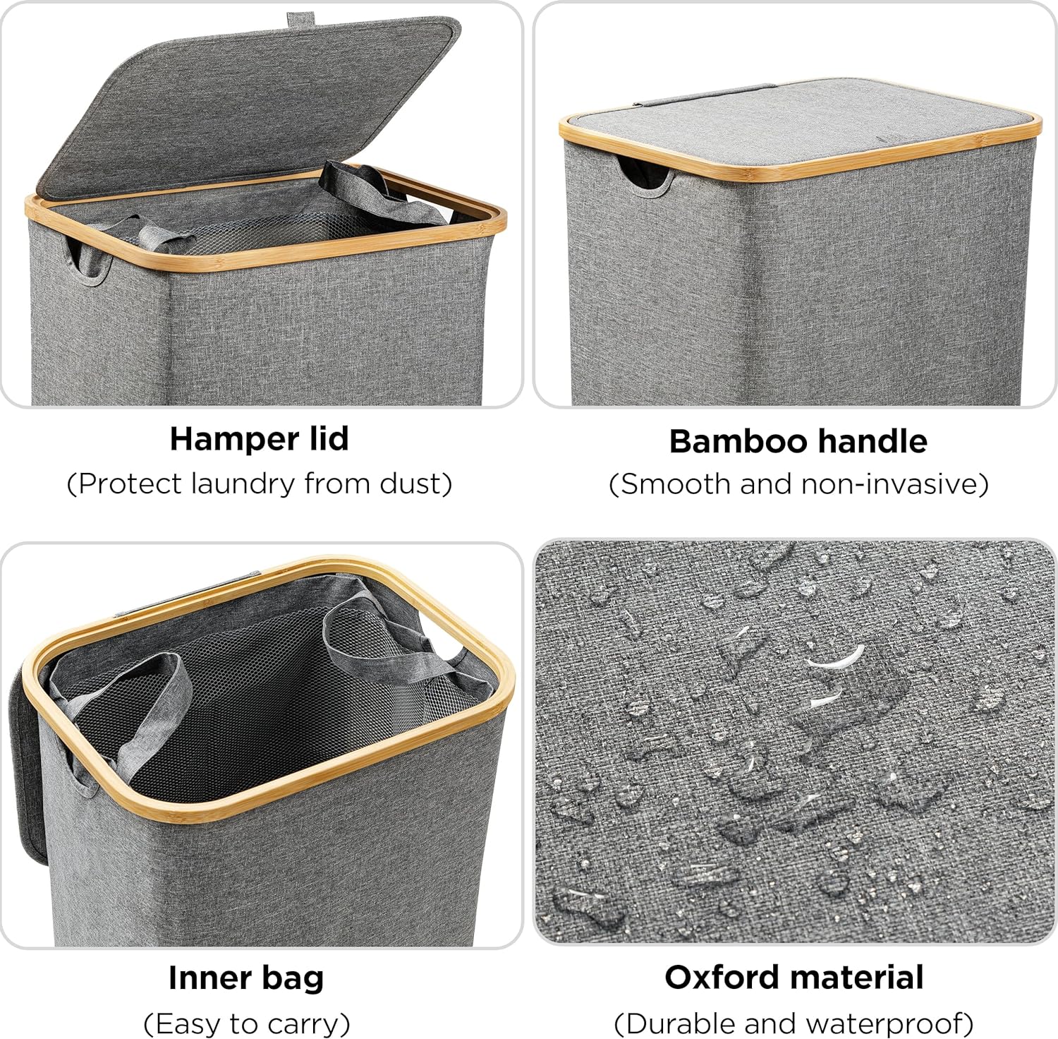 HBlife 110L Laundry Hamper with Lid and Removable Inner Bag, Gray, 2-Bag