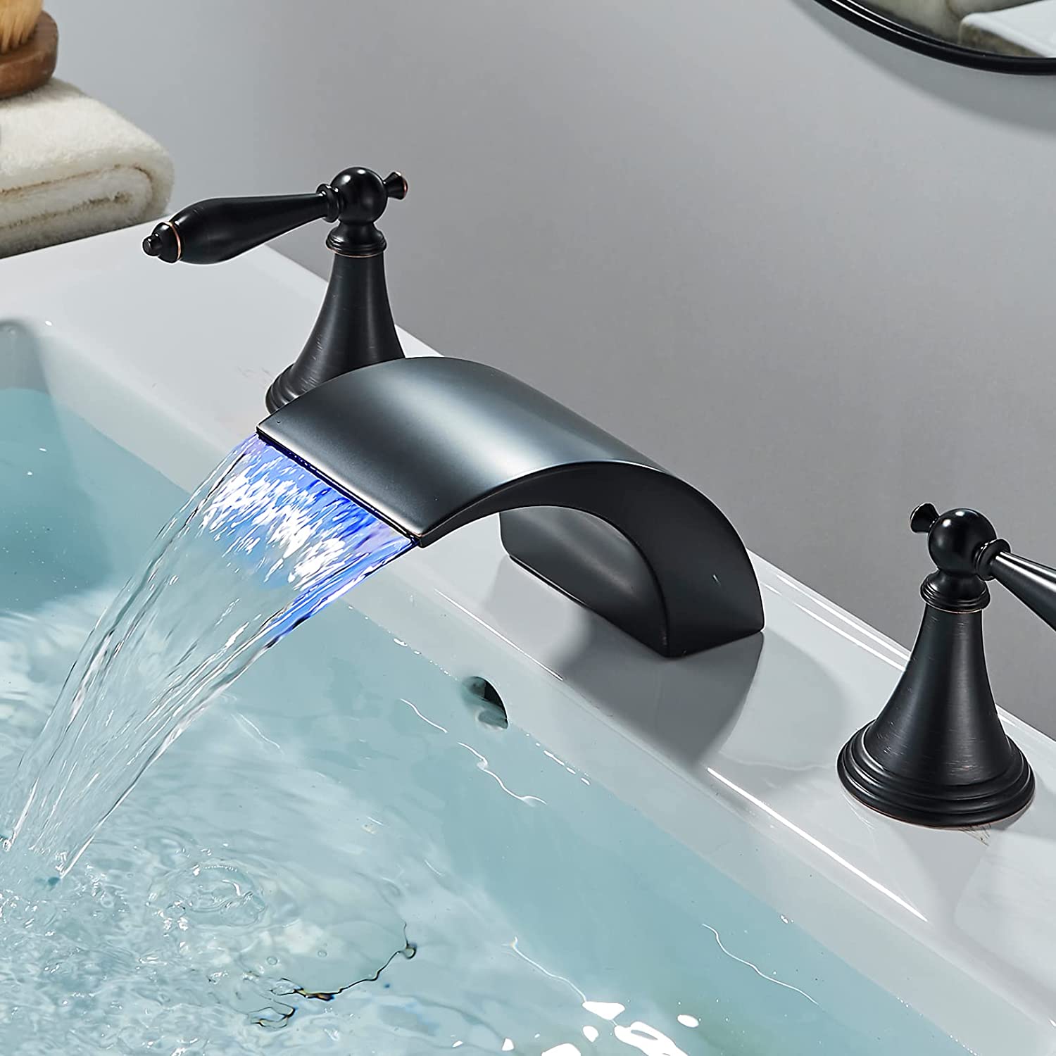 Zovajonia Bathroom Faucet 3 Hole Vanity Basin 8 Inch High Arc Swan Sink Faucet Mixer Bronze Bath Faucets ,  Widespread bathroom faucets for sink 3 hole Waterfall Tub Faucet Oil Rubbed Bronze