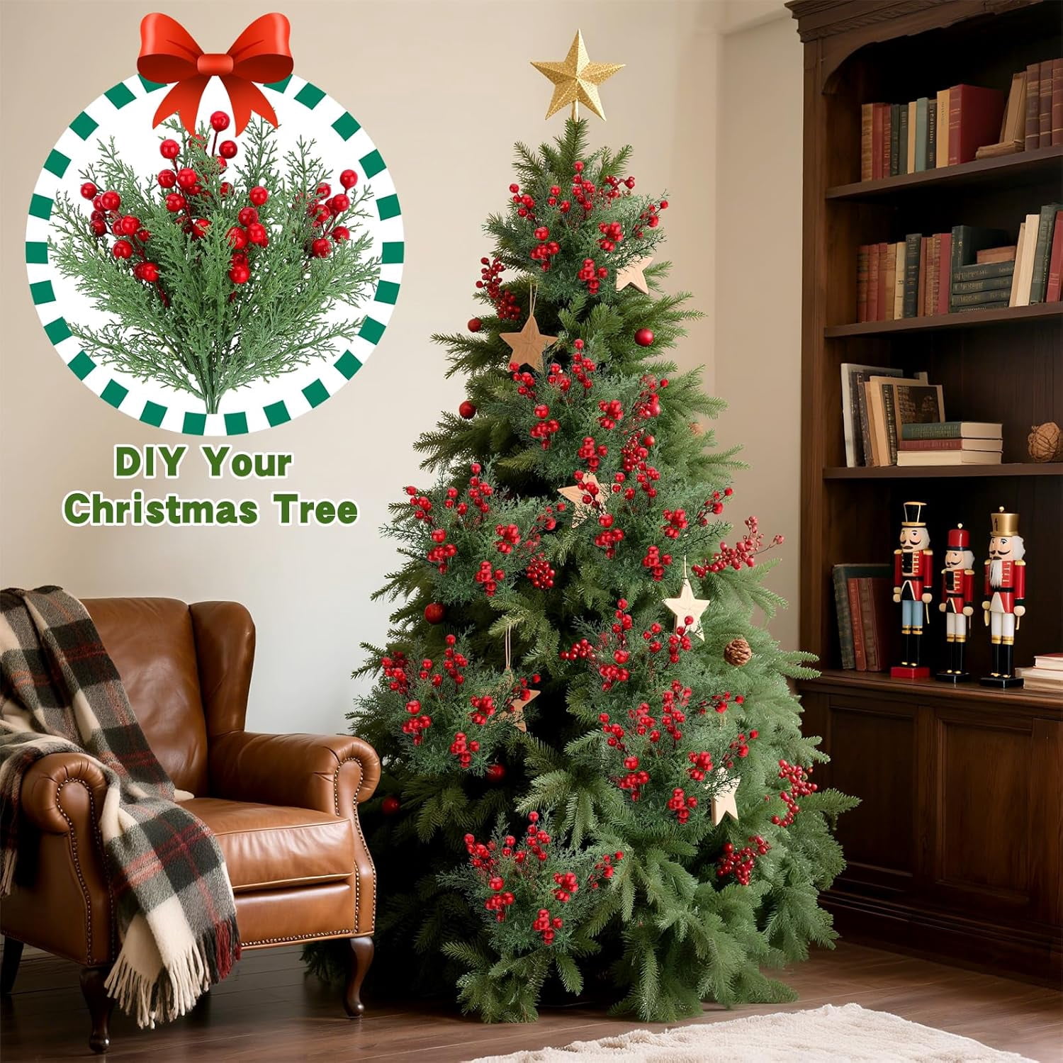 Minibee 8 Bundles Fake Pine Branch Christmas Flowers with Berries, Realistic Christmas Flowers Artificial for Holiday Home Styling