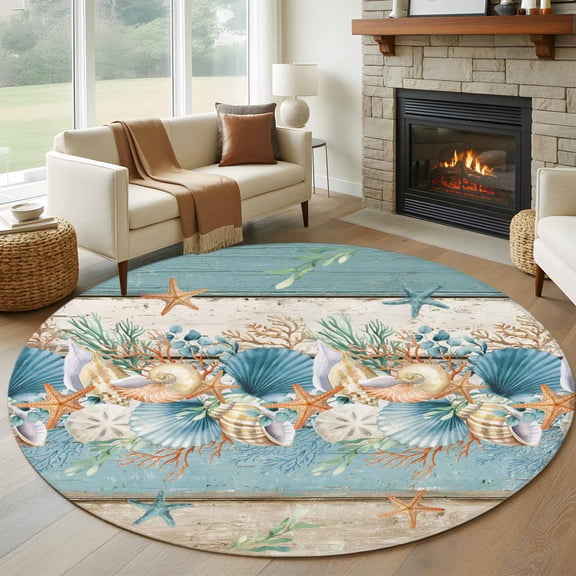 Round Rugs 8Ft, Teal Blue Brown Beach Coastal Round Area Rug Washable Indoor Throw Carpet, Nautical Shell Starfish Coral Summer Large Non Slip Circle Rug for Kids Room RV Home Decor Aesthetic