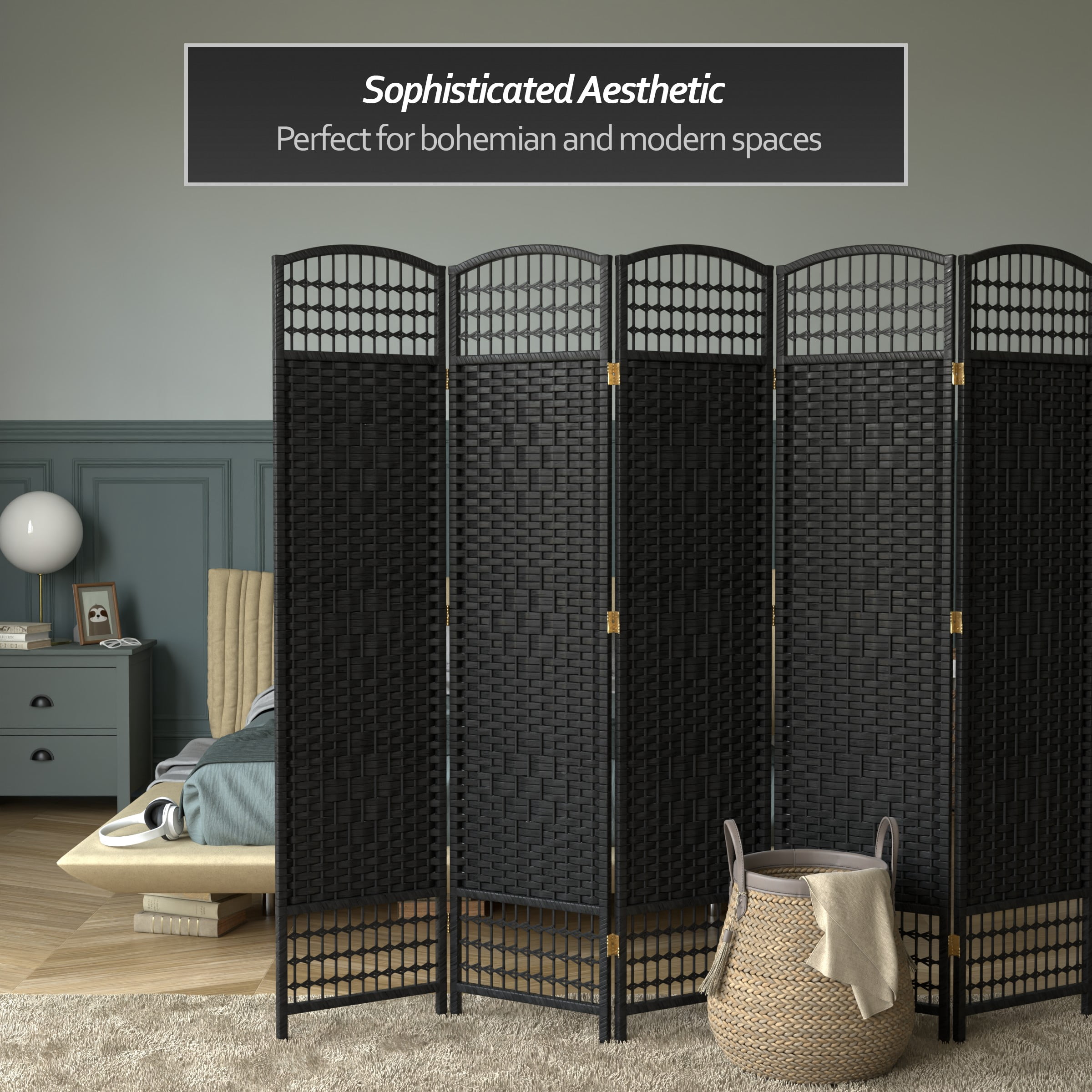 Red Lantern 5 1/2 ft. Tall Fiber Weave Room Divider - Black - 5 Panel
