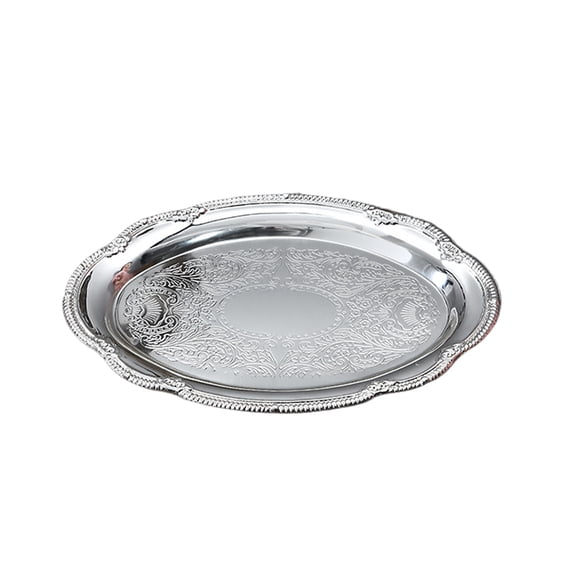 1-Pack Serving Trays for Party - 7'' Oval Floral Engraved Serving Platters, Halloween Thanksgiving Mirror Tray for BBQ, Food, Appetizer, Charcuterie, Cookies, Desserts - Silver