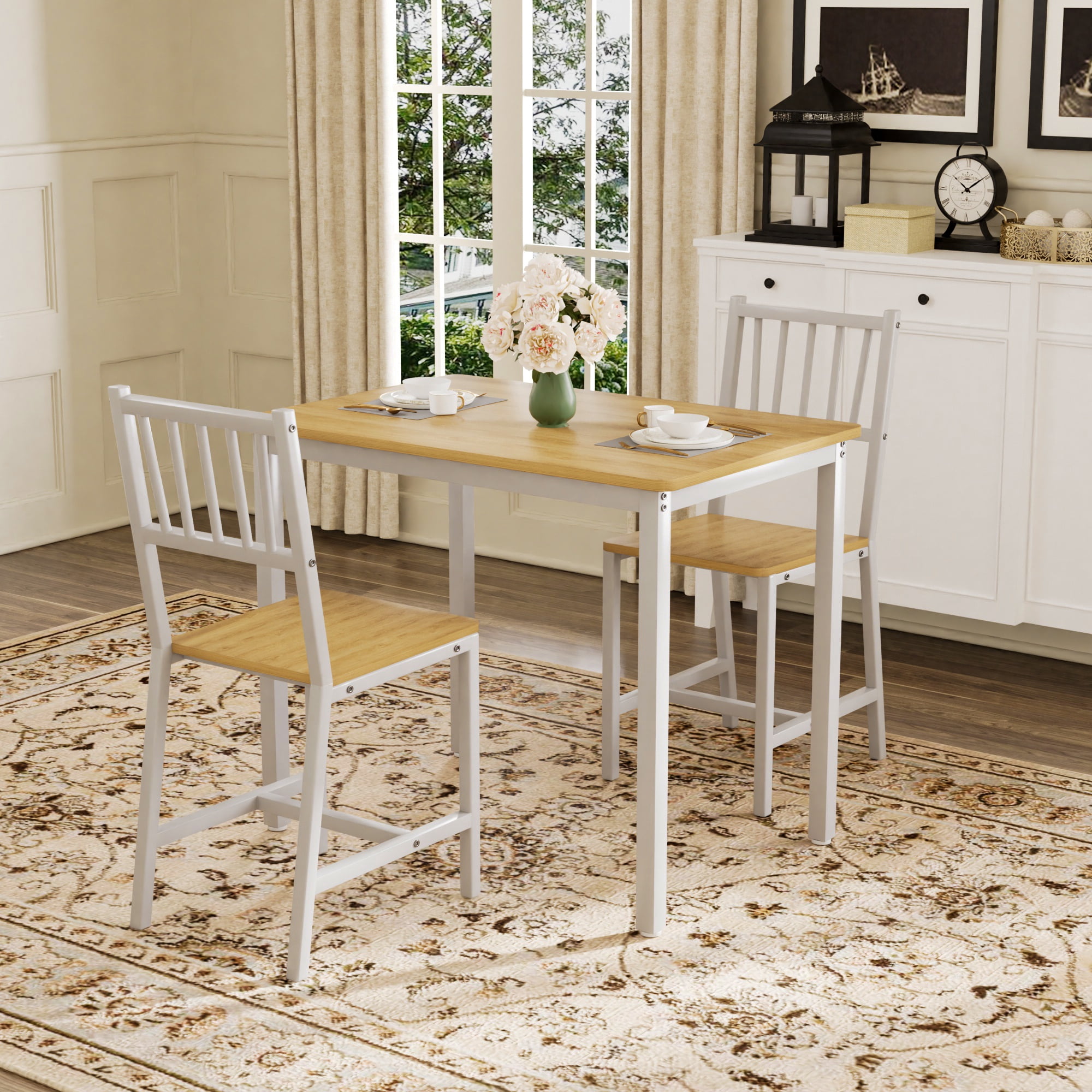 Dining Table Set for 4, Bar Table with 2 Benches, Industrial Kitchen Counter Set, Particle Board with Melamine Veneer, Steel Frame, for Kitchen Breakfast Living Room, Natural and White