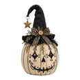thumbnail image 2 of Halloween Tabletop Pumpkin Decoration, Vintage Spooky‑Face Pumpkin Figurine with Witch Hat, Plaid Bow and Hanging Star Pendant, 2 of 9