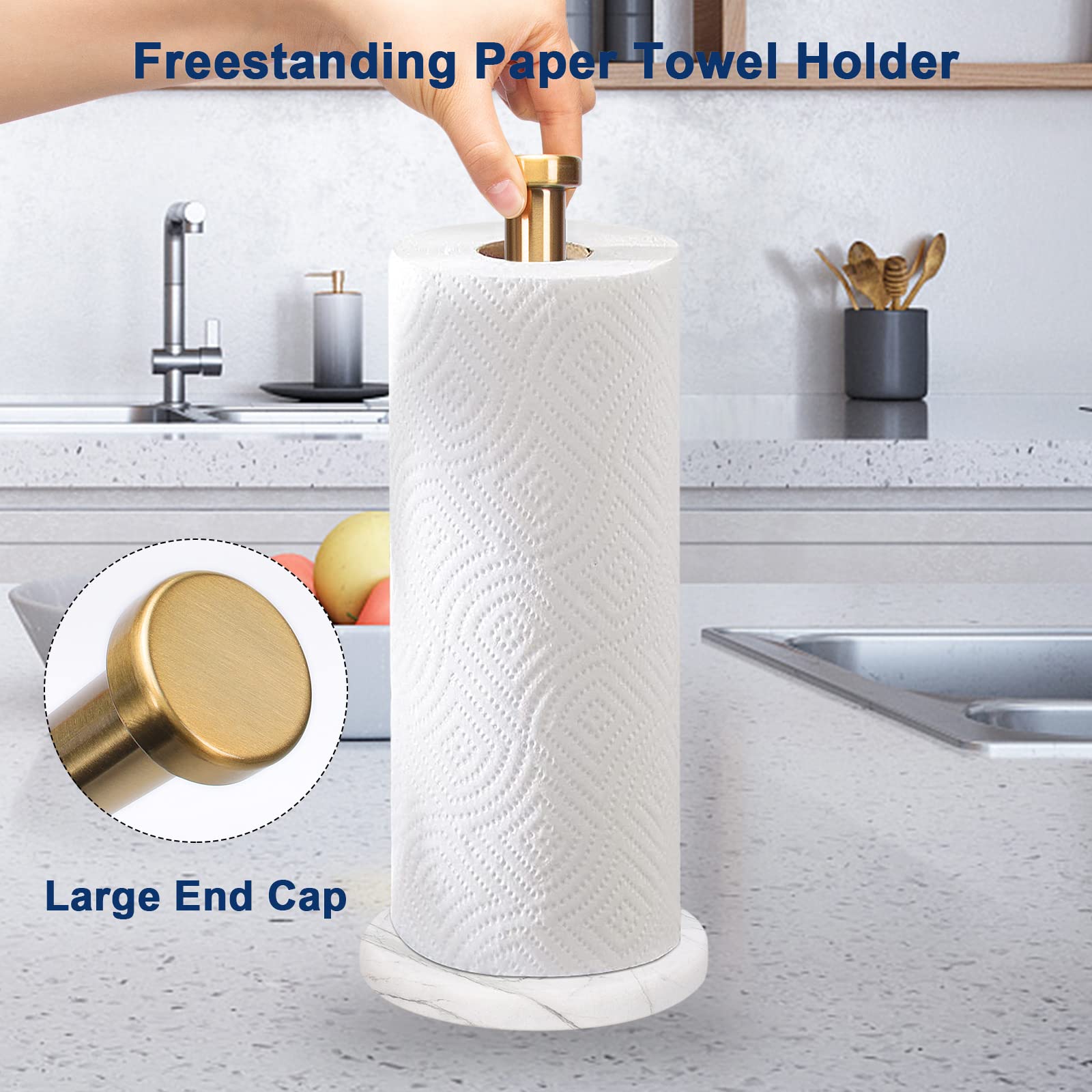 Standing Paper Towel Holder  Kitchen Tissue Holder- For Bathroom Countertop Standard Or Jumbo-sized Roll (with Marble Base Brushed Gold)