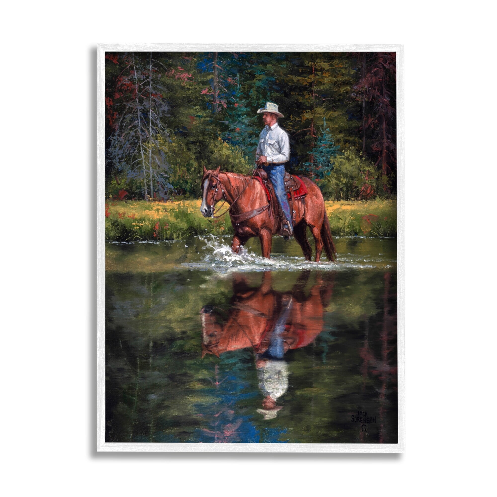 Cowboy Riding Horse Wild West Shallow River Woodland Animals & Insects Painting Framed Art Print Wall Art