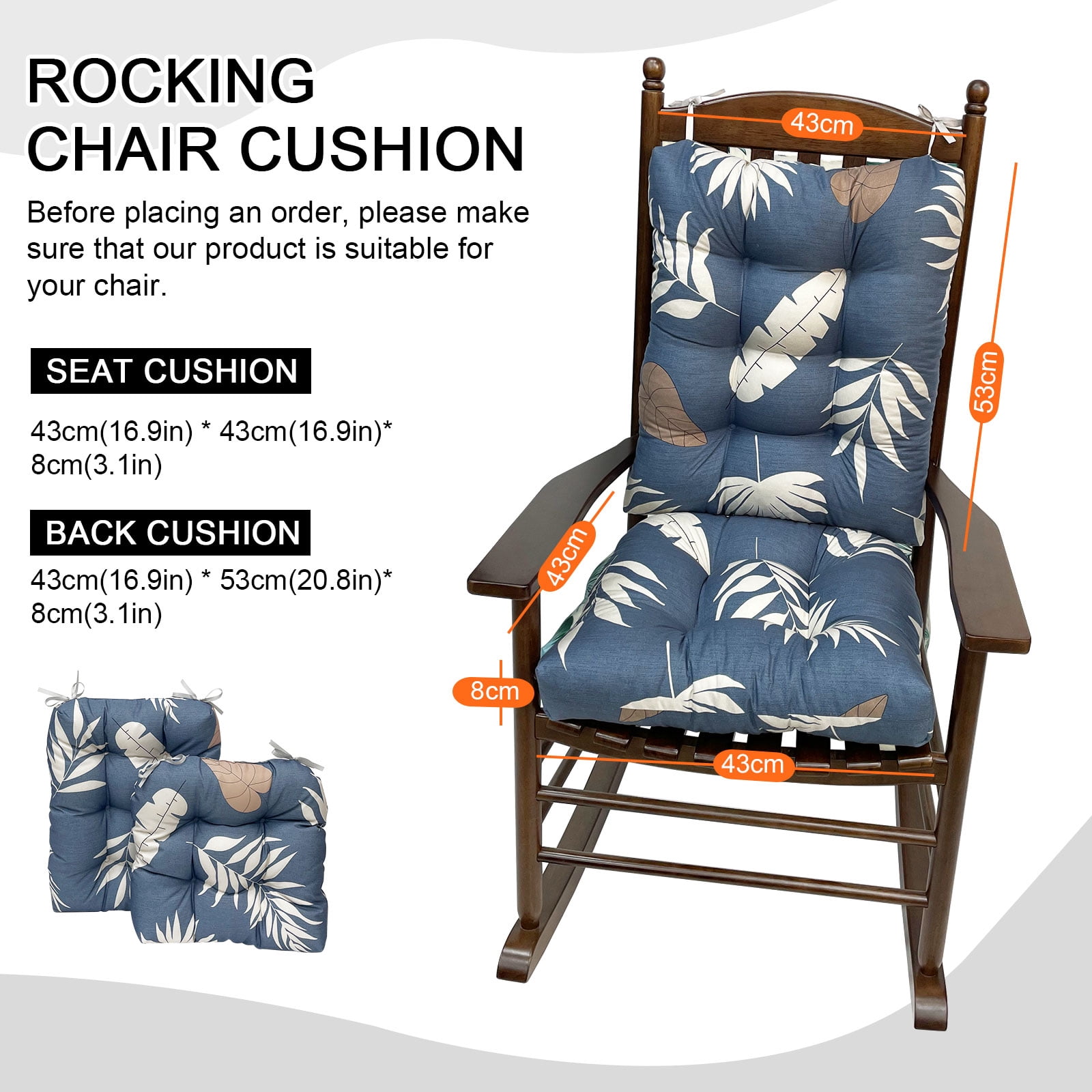 TOPCHANCES Indoor/Outdoor Rocking Chair Cushions Set, 2 Piece Tufted Comfortable Cushions for Rocking Chairs with Non-Slip Ties, Blue & Leaves