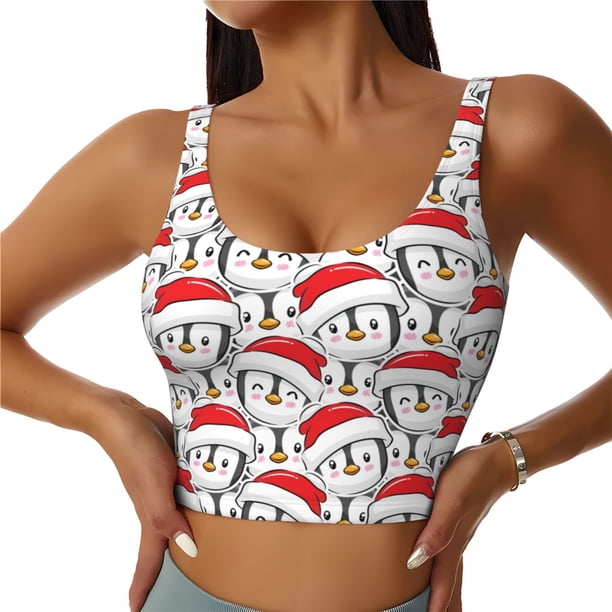 Fotbe Cute Christmas Hat Penguin Sujetador Deportivo Largo sin Aros para Mujer con Almohadillas y Soporte Medio, Transpirable y Absorbente, Camiseta Tipo Chaleco o Tank Top-Medium