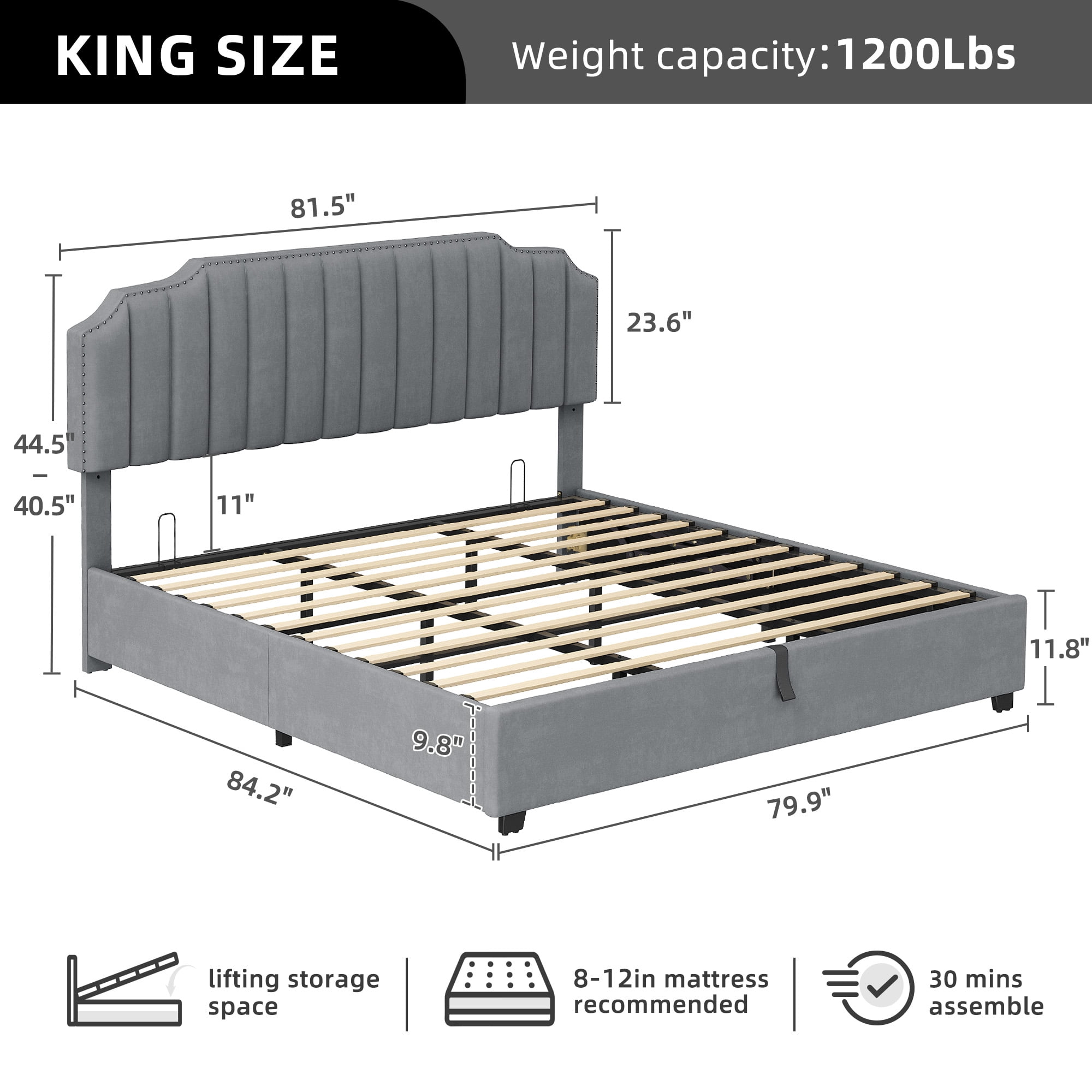 DEXTRUS King Size Lift up Storage Bed, Velvet Upholstered Platform Bed, Fast Assembly, Gray