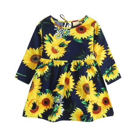 

2023 Summer Savings Girls Dress PEZHADA Toddler Kids Baby Girls Long Sleeve Sun Flower Printed Dress Princess Dress Blue F 110