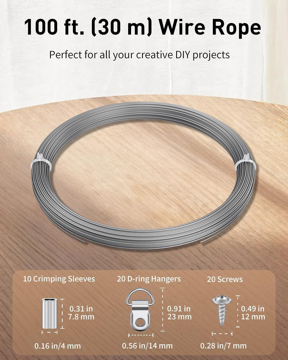 Picture Hanging Wire, 100 Feet 1/32" Picture Wire Kit with D-Ring Hangers, Stainless Steel Rope for up to 110 lbs, Trellis Line Cable for Photo Frames and String Lights