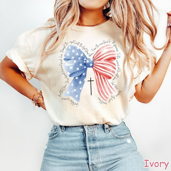 Coquette Bow 4th of July Shirt Christian Women's Patriotic Shirt God Bless America Religious Shirt Fourth of July Faith Tee