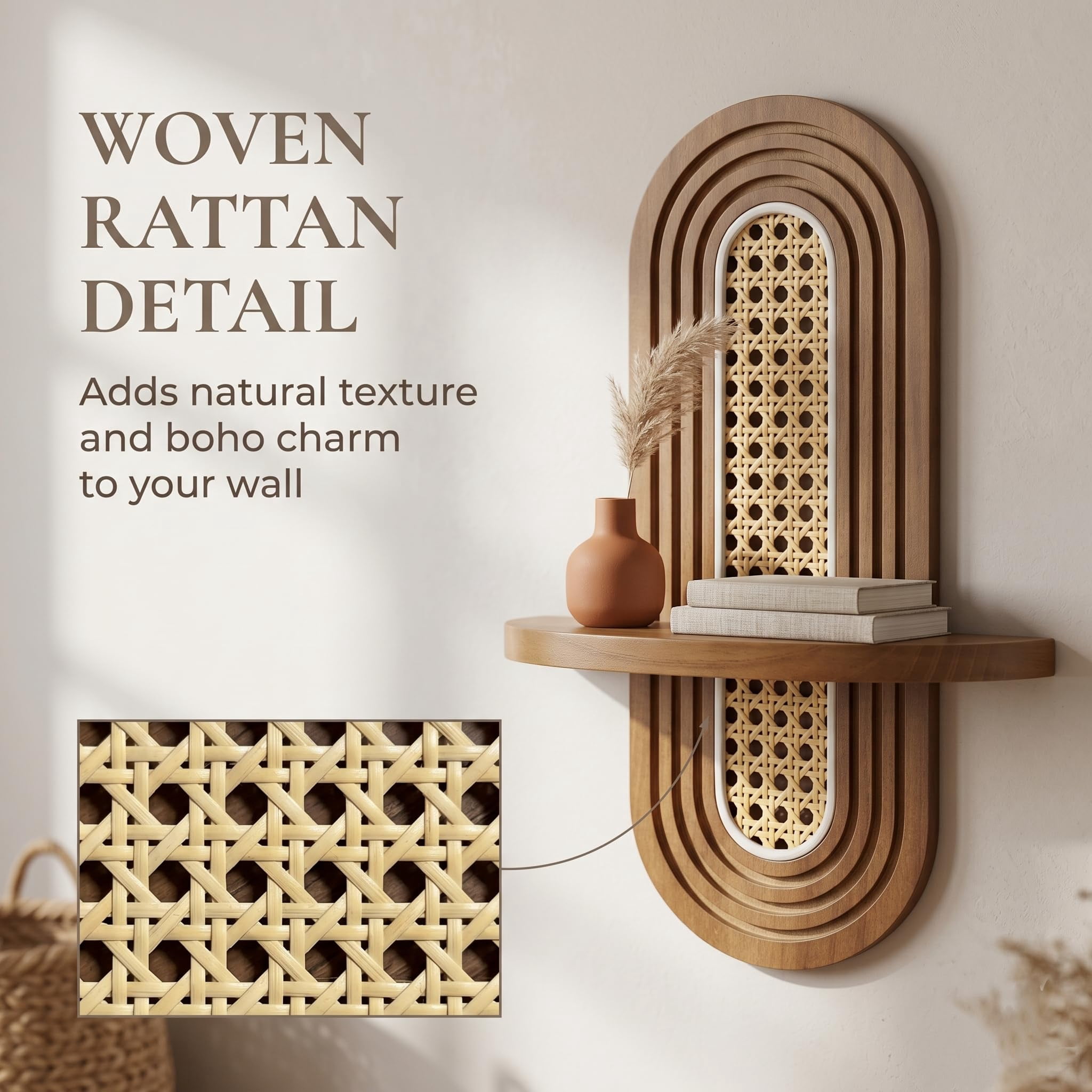 Rattan Wall Shelf for Plants, Floating Wall Shelves, Rattan Plant Display,   Natural Wood & Hand Woven, Durable and Sturdy Construction Unique Corner Wicker Shelf for Bathroom & Bedroom(Natural)