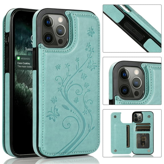 Feishell Back Case for iPhone 14 Plus,Embossed Pattern PU Leather Wallet Phone Case with ID Credit Card Slots Shockproof Magnetic Buckle Back Flip Holder Protective Cover,Mint